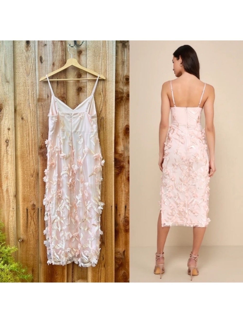 NWT Blush Ballet Pink 3D Floral Embroidered Midi Dress size: M - Picture 3 of 8